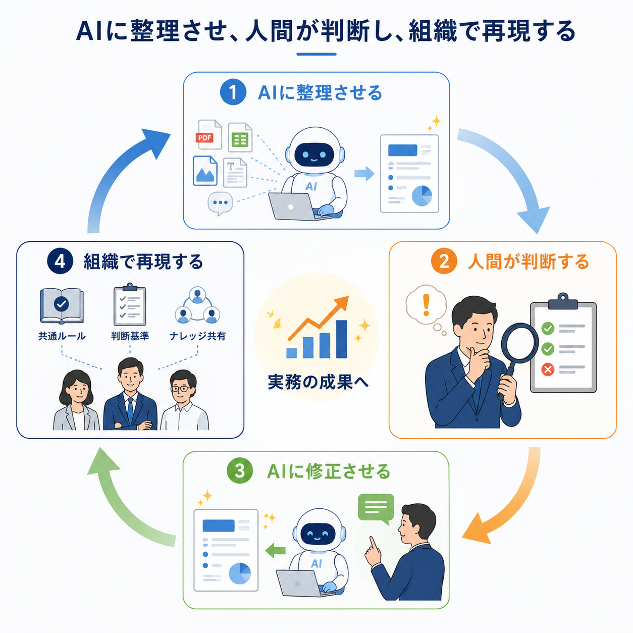 AIに整理させ、人間が判断し、AIに修正させ、組織で再現するAI活用の流れ
