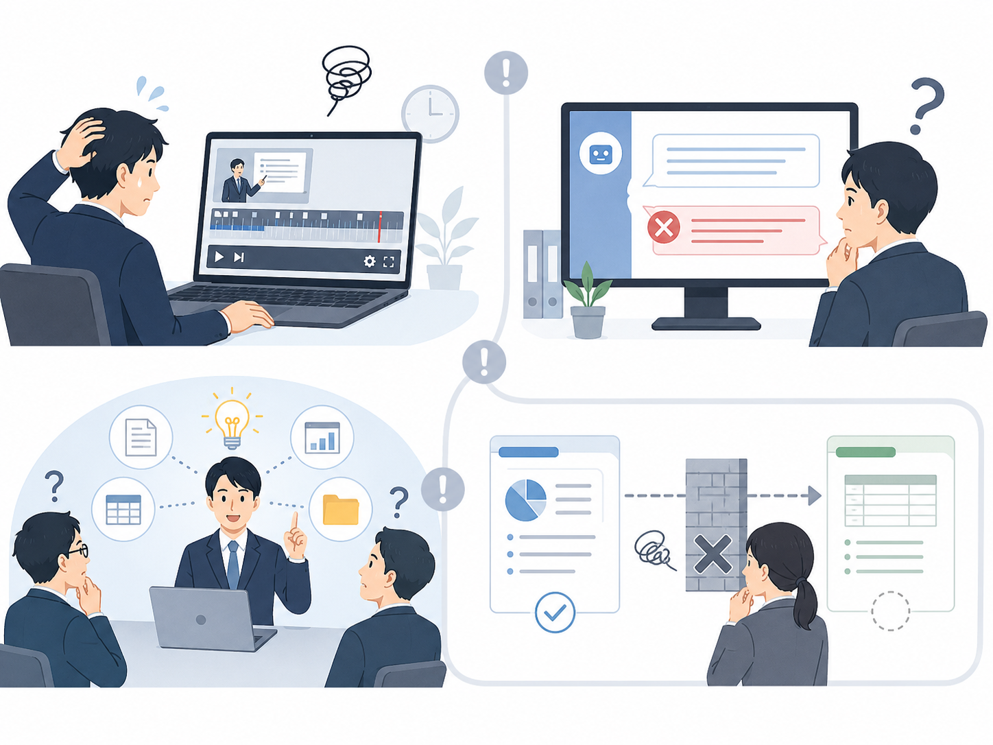 講習録画の確認、AI回答のズレ、知識の属人化、別業務への応用に悩む社員